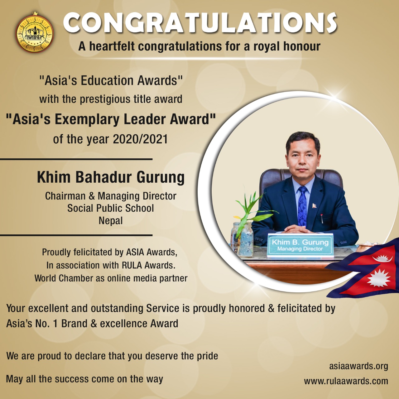Khim Bahadur Gurung has bagged Asia's Exemplary Leader Award