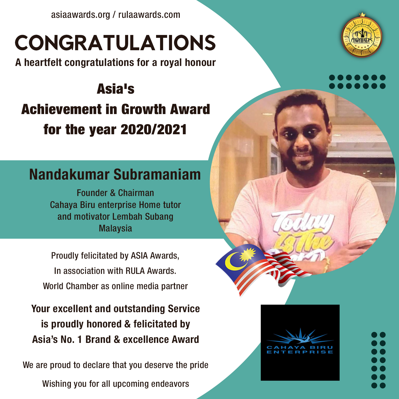 Nandakumar Subramaniam has bagged Asia's Achievement in Growth Award