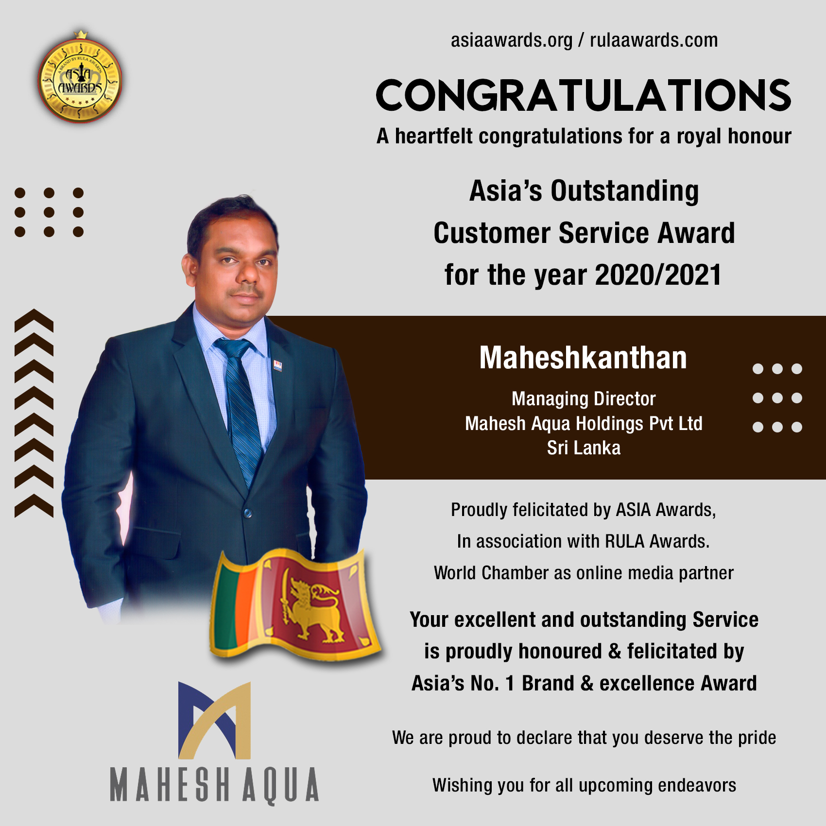 Mahesh Aqua Holdings Pvt Ltd has bagged Asia's Outstanding Customer Service Award