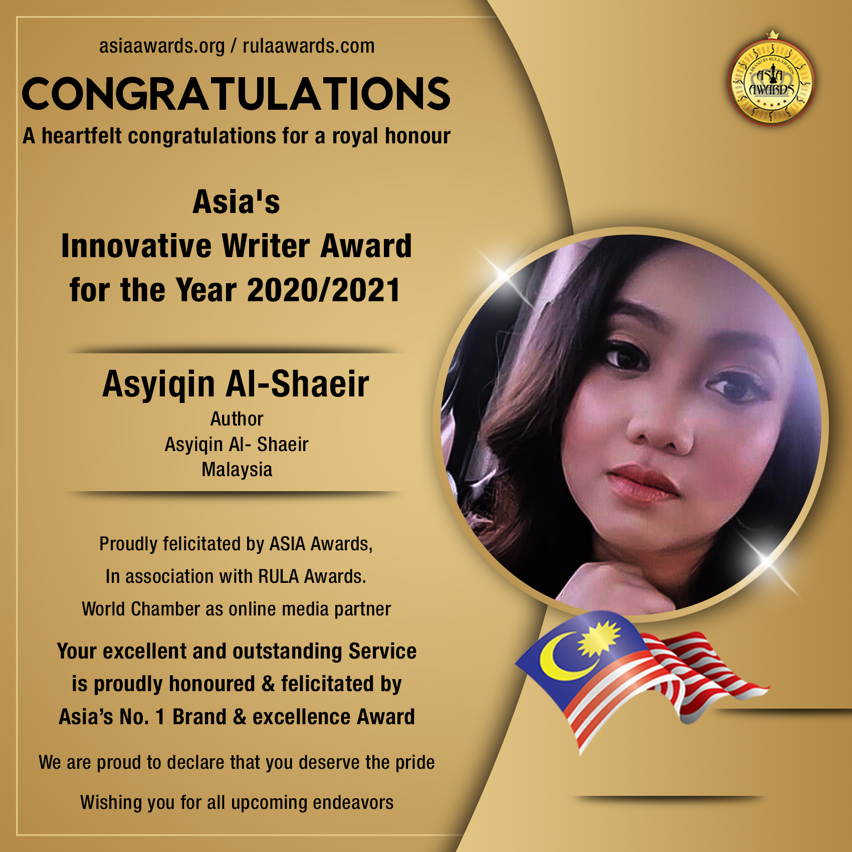 Asyiqin Al-Shaeir has bagged Asia's Innovative Writer Award