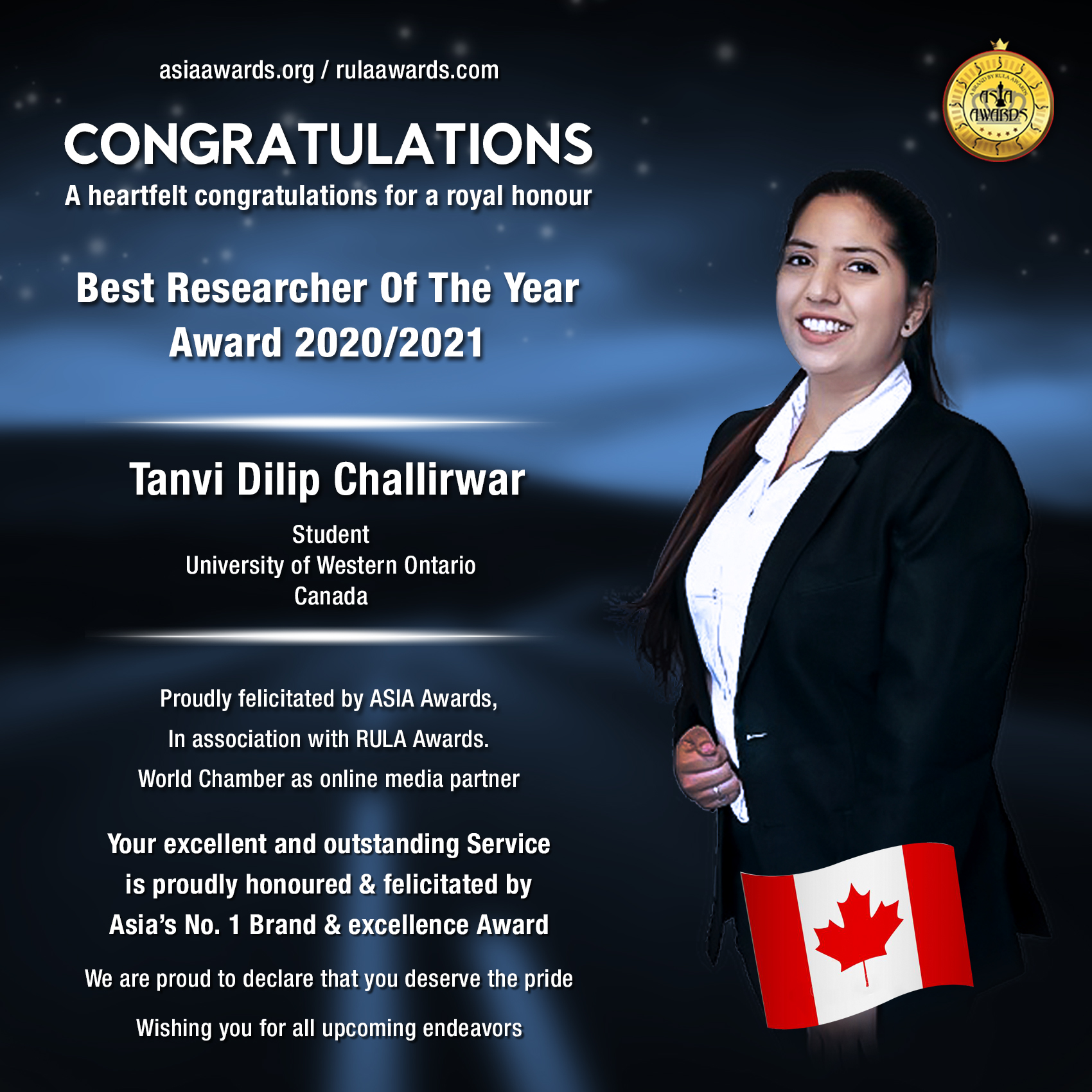 Tanvi Dilip Challirwar has bagged Best Researcher Of The Year