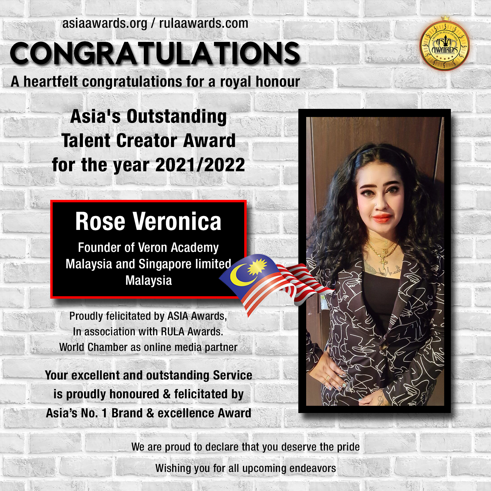 Rose Veronica has bagged Asia's Outstanding Talent Creator Award
