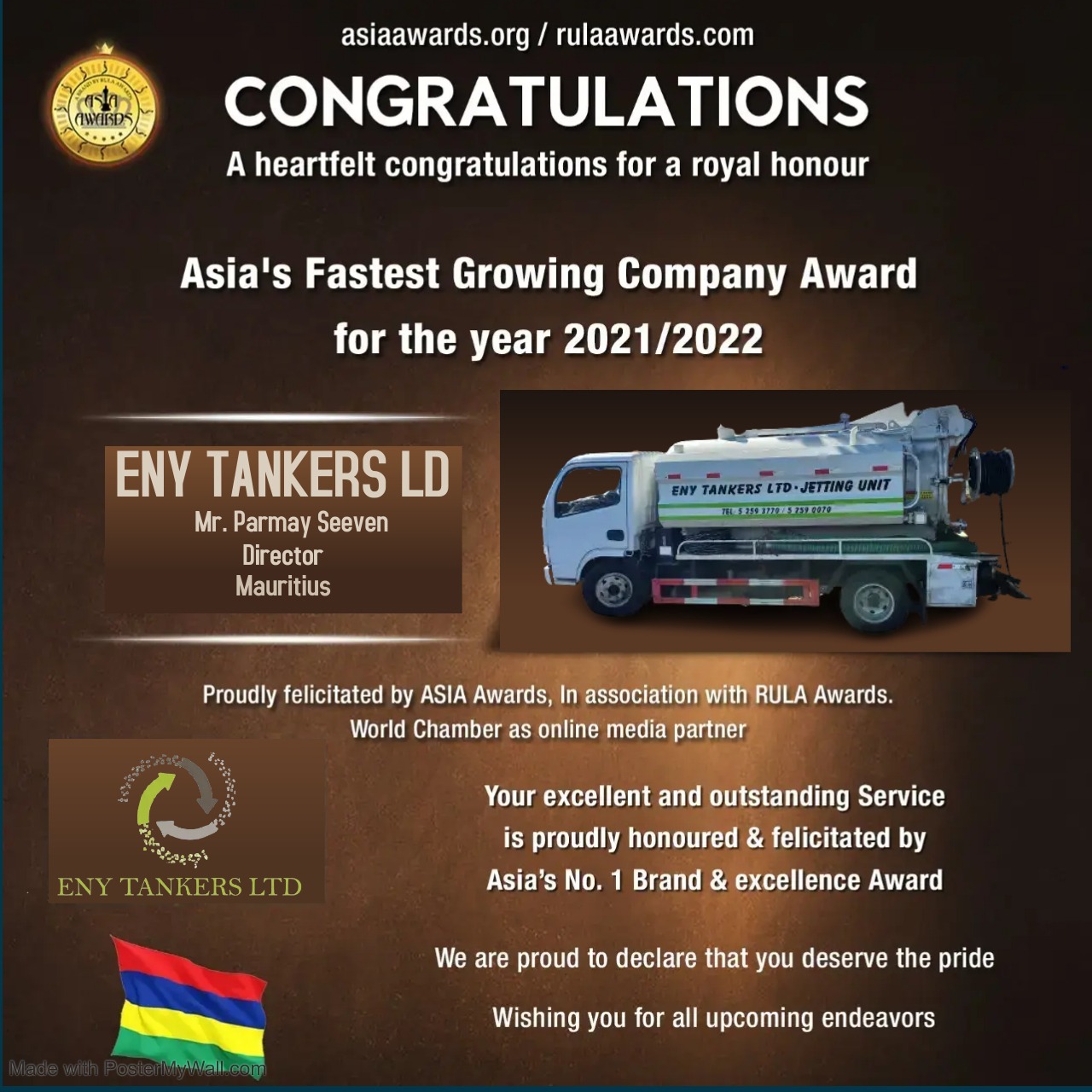 ENY Tankers Ltd has bagged Asia's Fastest Growing Company Award
