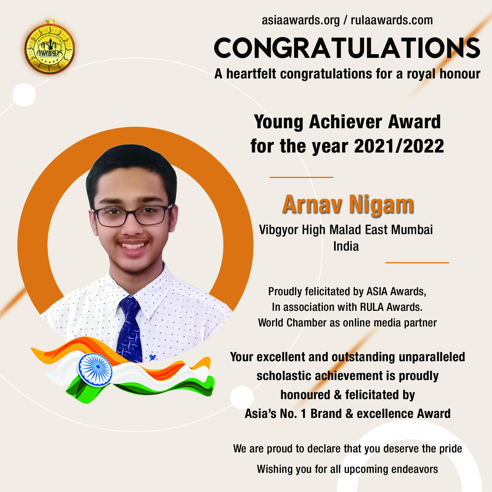 Arnav Nigam has bagged Young Achiever Award