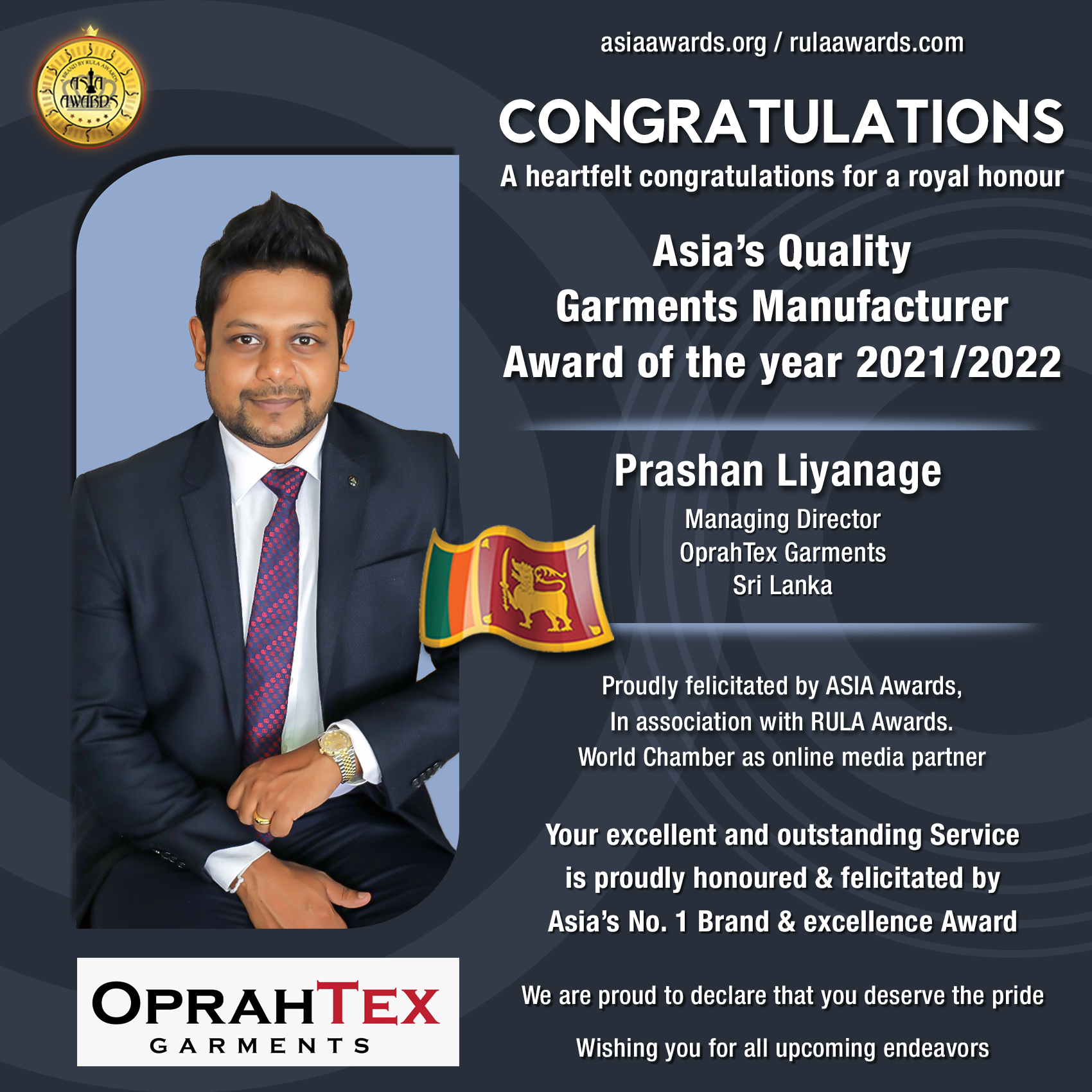 OprahTex Garments has bagged Asia's Quality Garments Manufacture Award