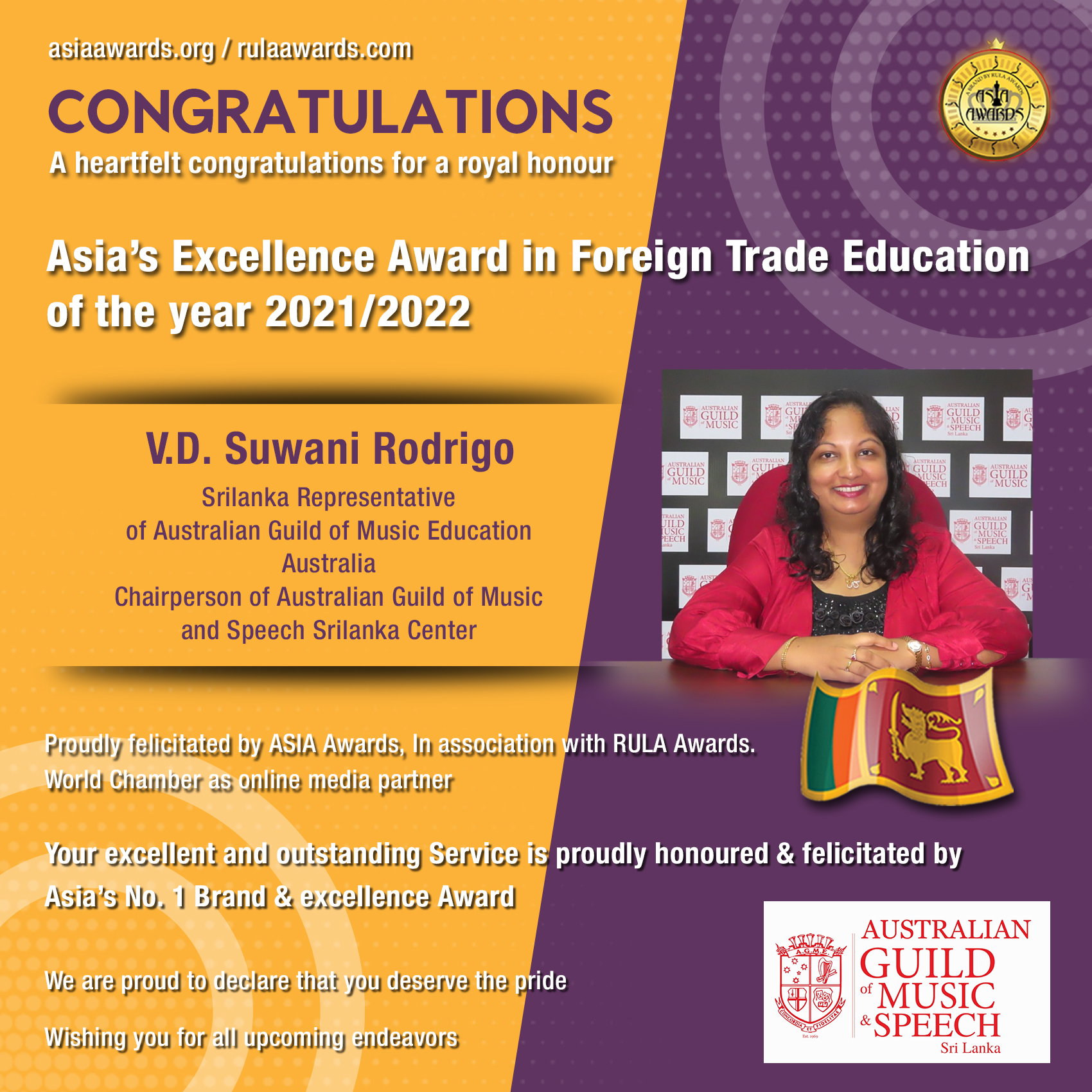 V D Suwani Rodrigo has bagged Asia's Excellence Award in Foreign Trade Education