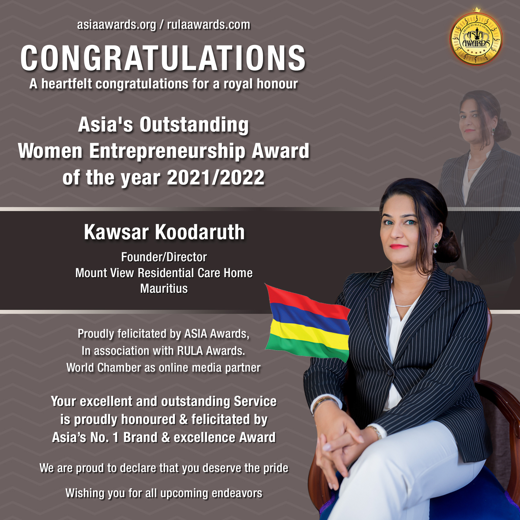 Kawsar Koodaruth has bagged Asia's Outstanding Women Entrepreneurship Award