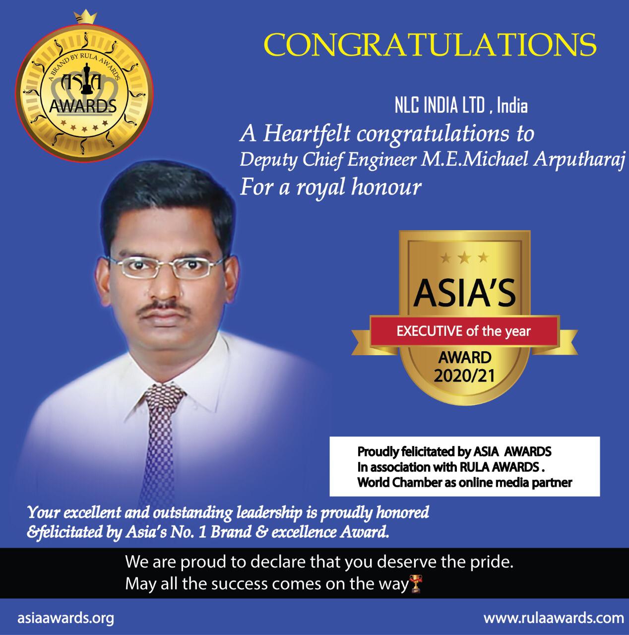 M.E.Michael Arputharaj has bagged Asia's Executive of the Year