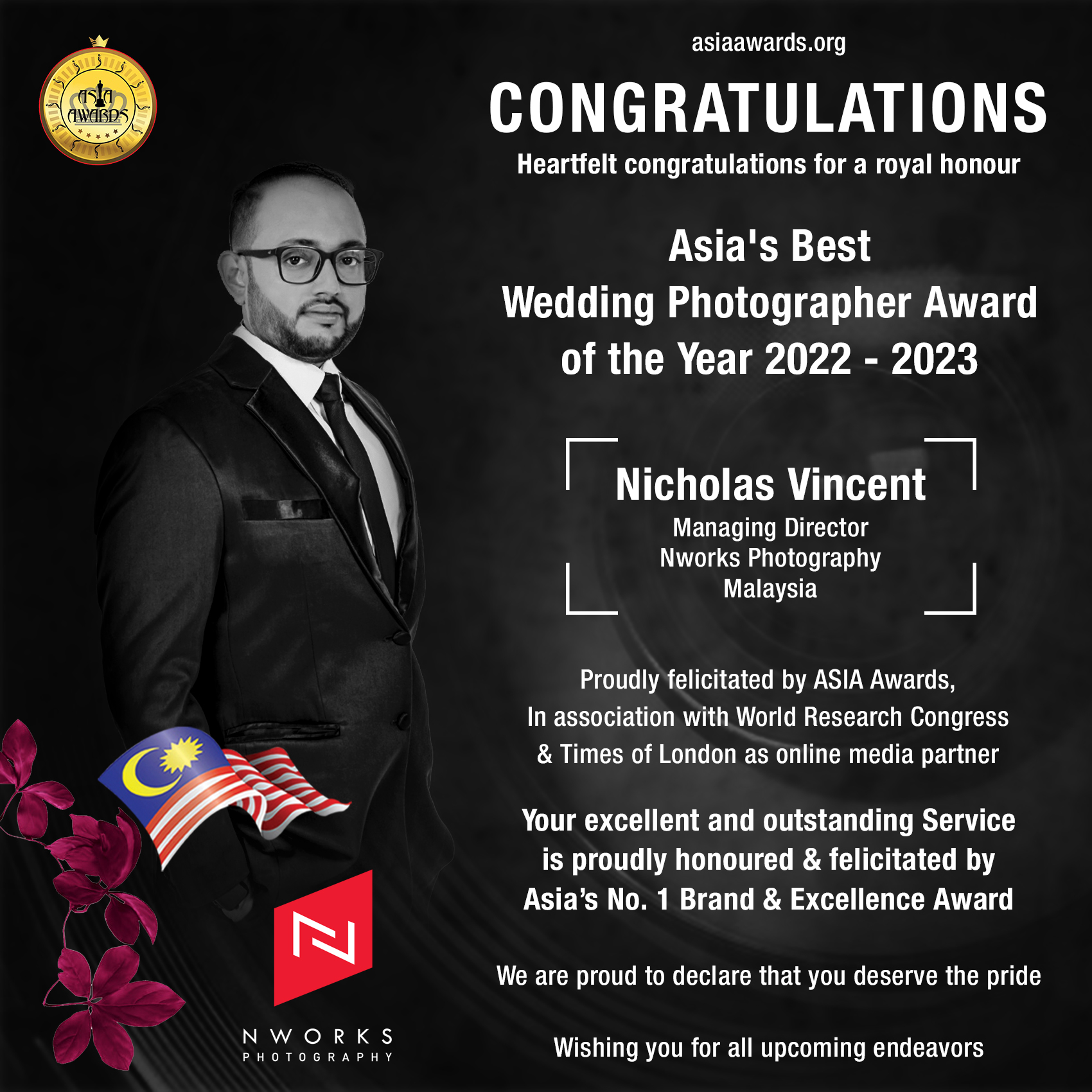 Nicholas Vincent has bagged Asia's Best Wedding Photographer Award