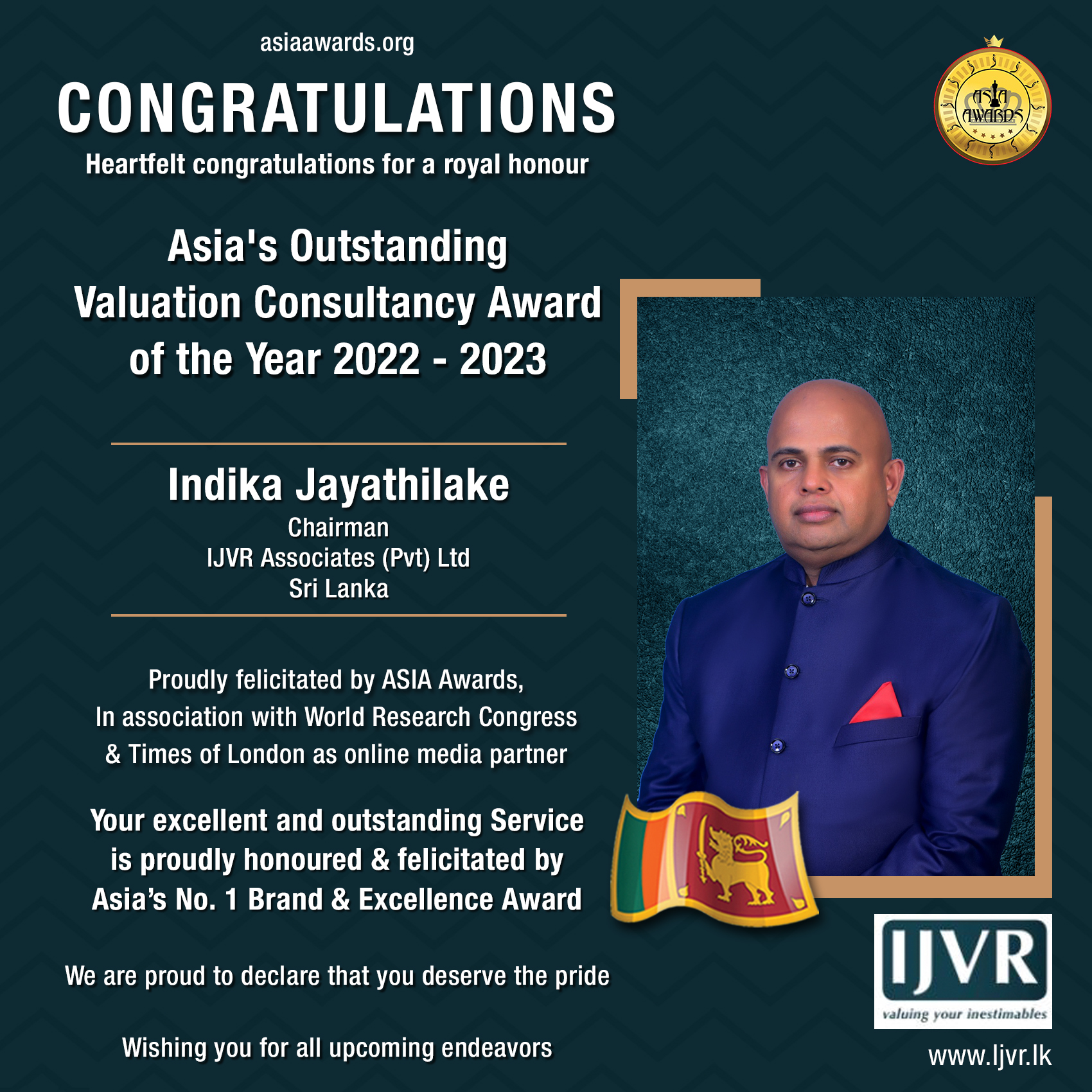 Indika Jayathilake has bagged Asia's Outstanding Valuation Consultancy Award