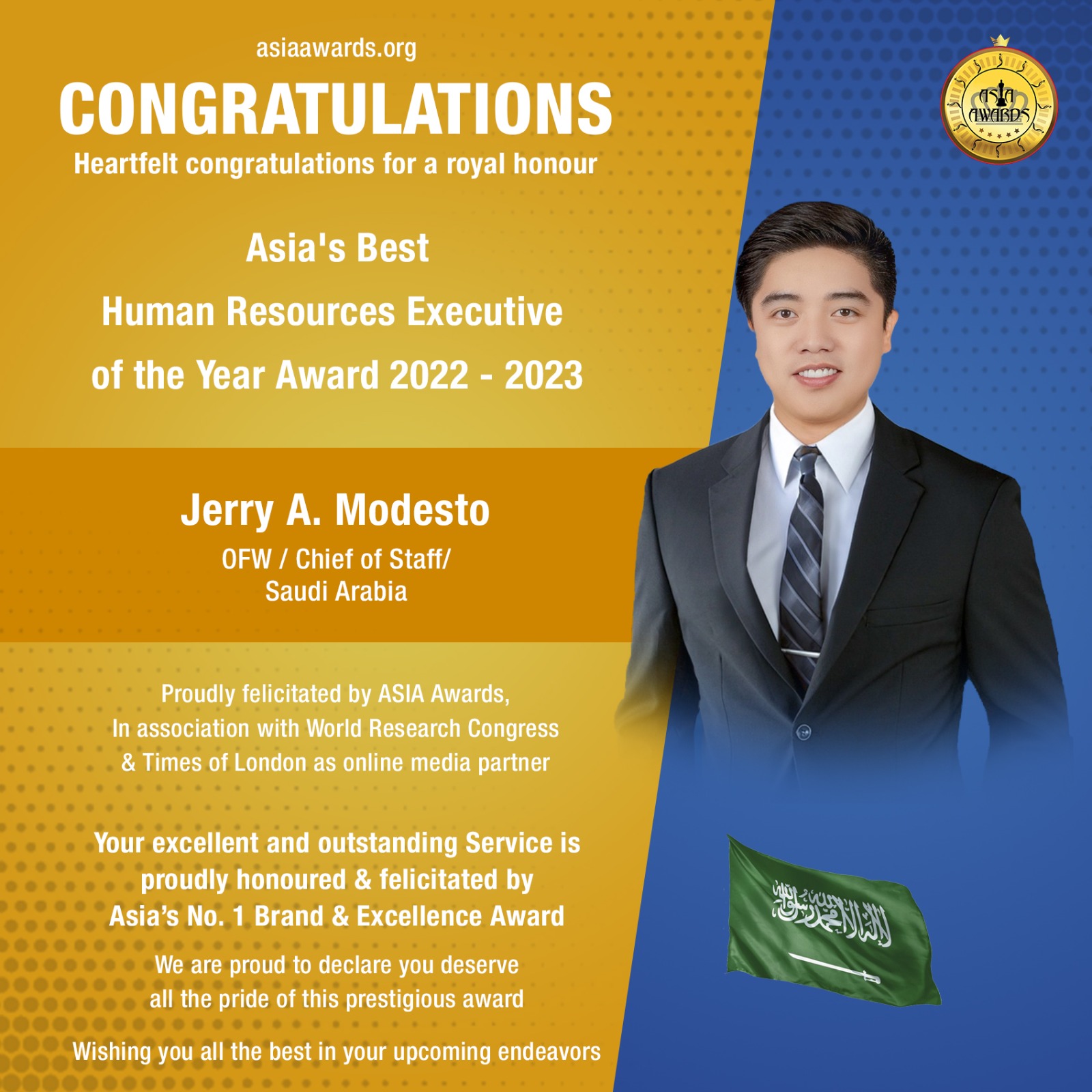 Jerry A. Modesto Has bagged Asia's Best Human Resources Executive of the Year Award