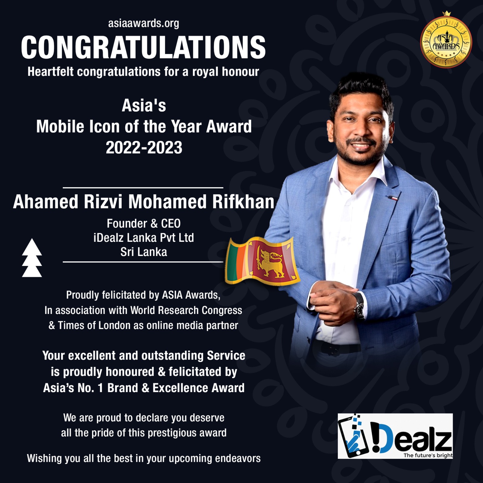 Ahamed Rizvi Mohamed Rifkhan Has bagged Asia's Mobile Icon of the Year Award