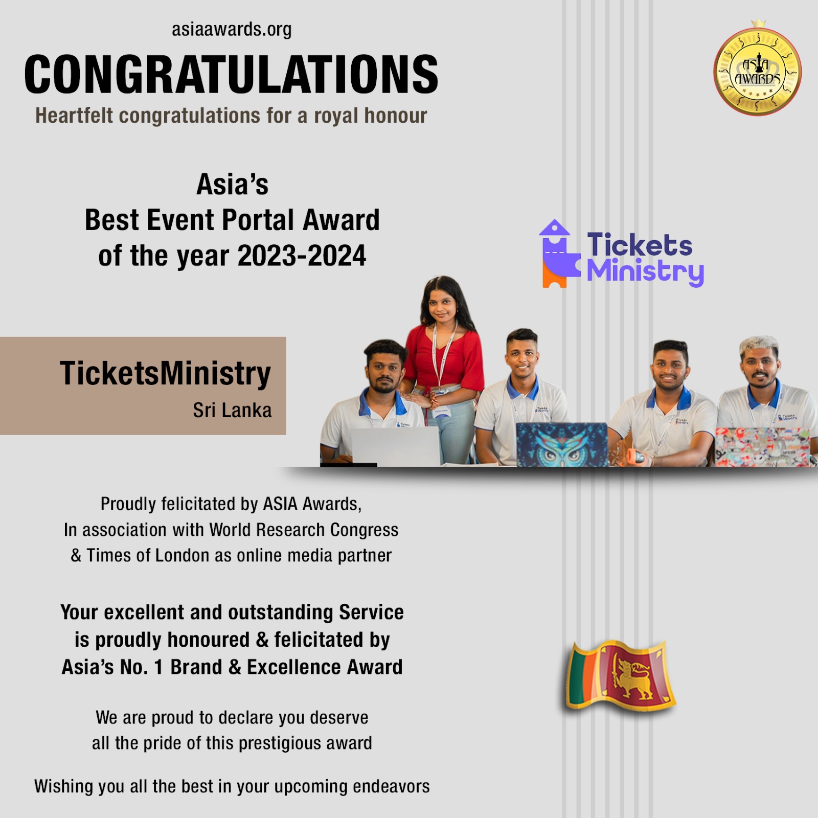 TicketsMinistry Has bagged Asia's Best Event Portal Award