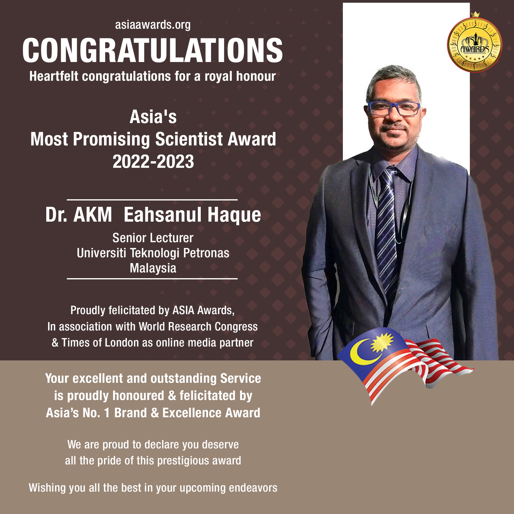 Dr. AKM  Eahsanul Haque Has bagged Asia's Most Promising Scientist Award