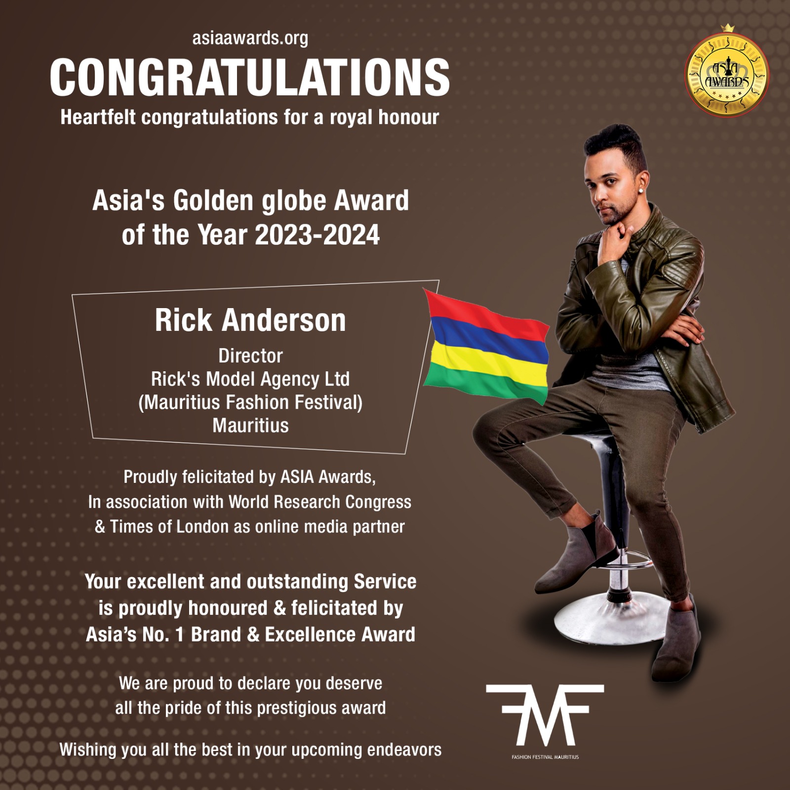 Rick Anderson Has bagged Asia's Golden globe Award