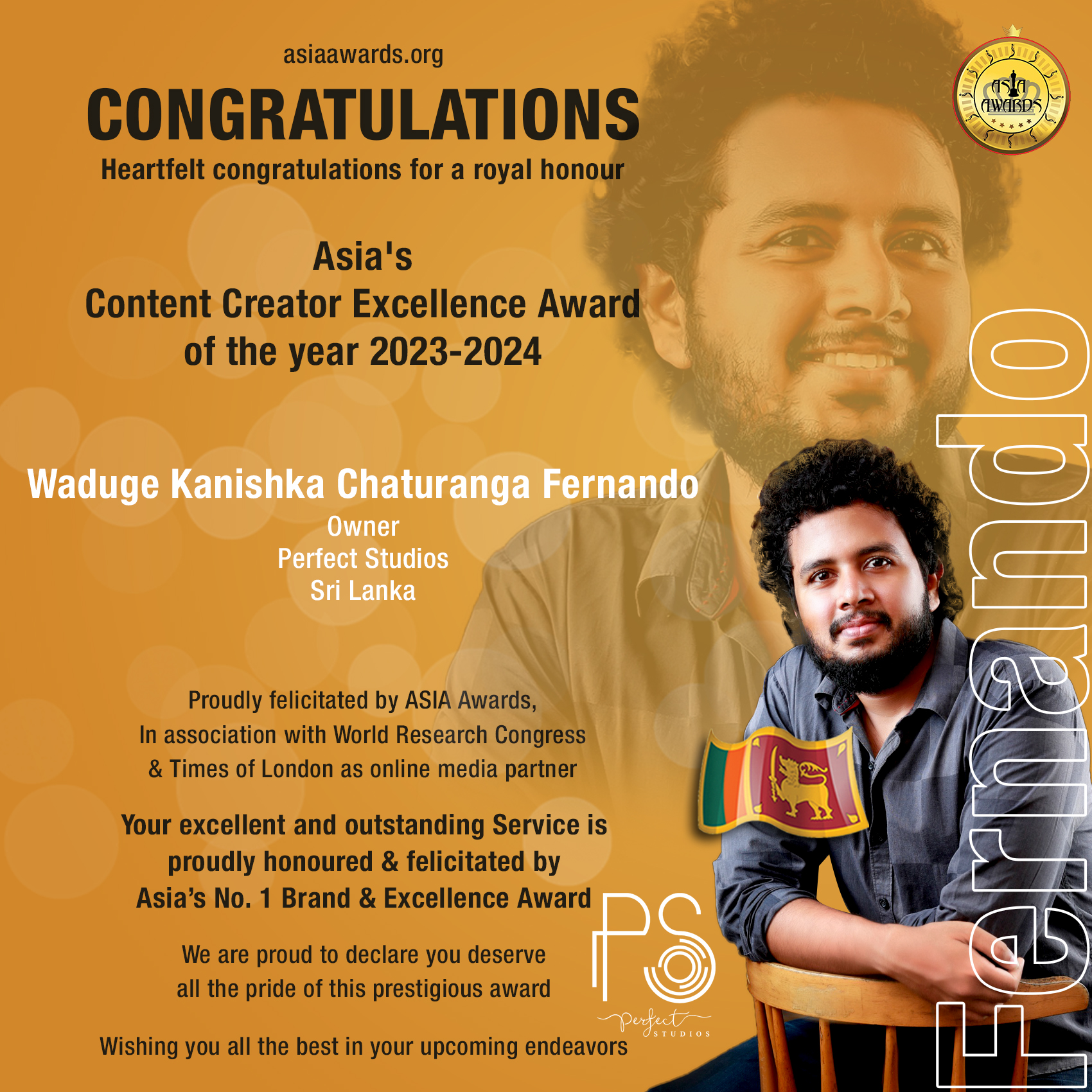 Waduge Kanishka Chaturanga Fernando Has Won Asia's Content Creator Excellence Award