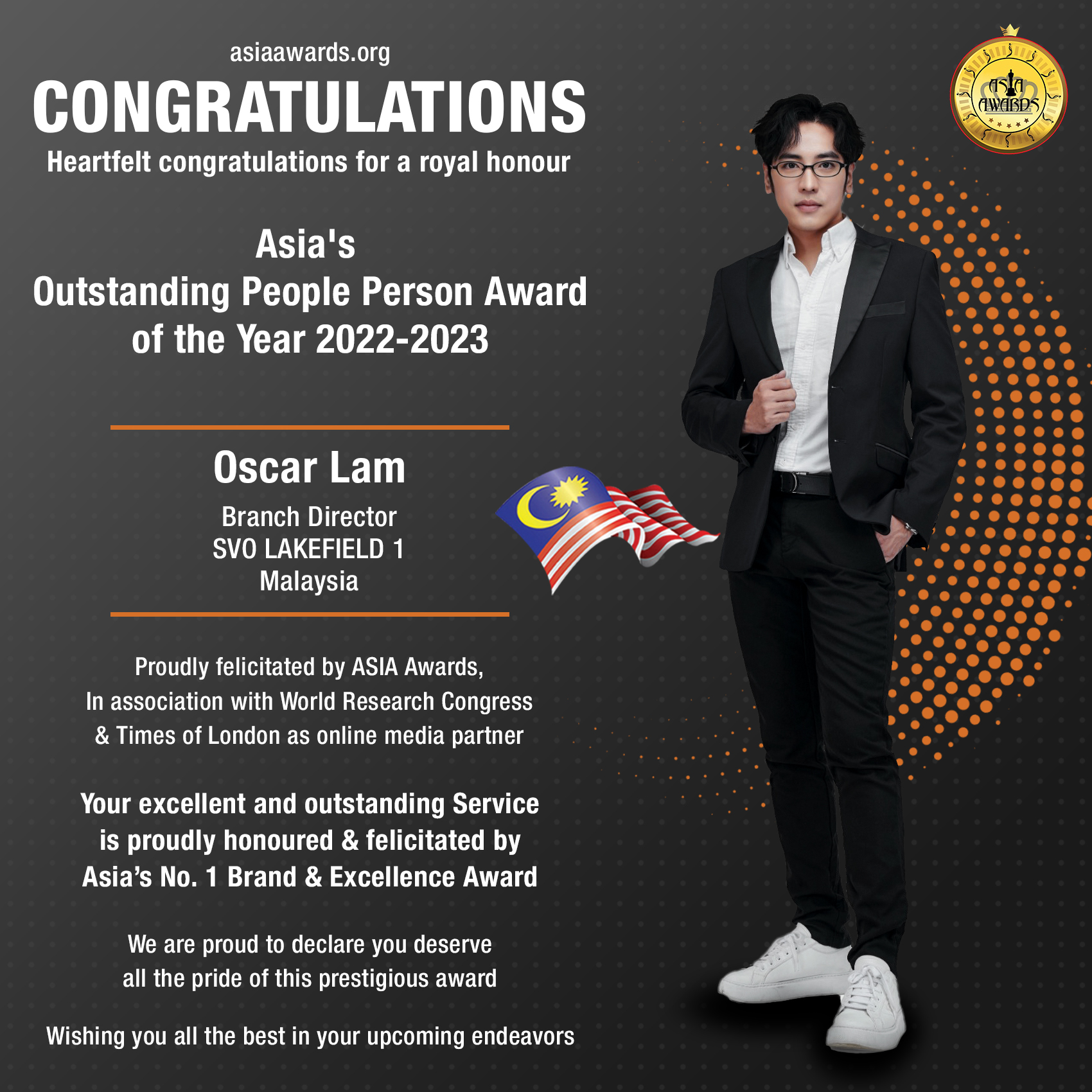 Oscar Lam Has bagged Asia's Outstanding People Person Award