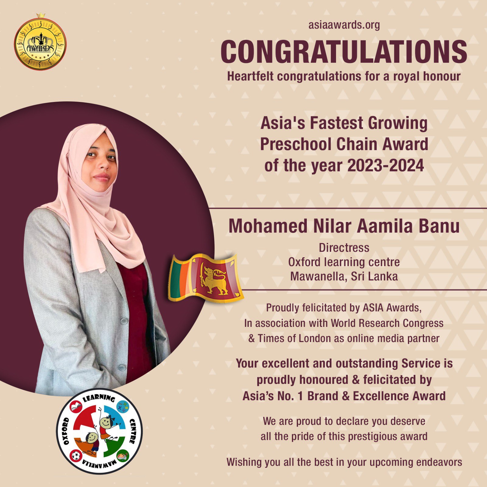 Mohamed Nilar Aamila Banu Has bagged Asia's Fastest Growing Preschool Chain Award
