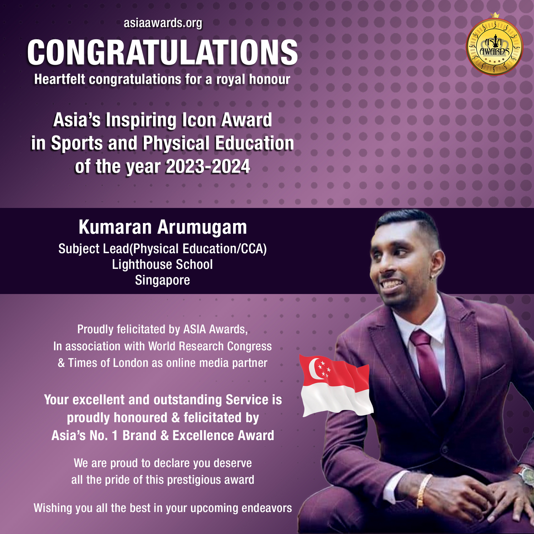 Kumaran Arumugam Has bagged Asia's Inspiring Icon Award in Sports and Physical Education