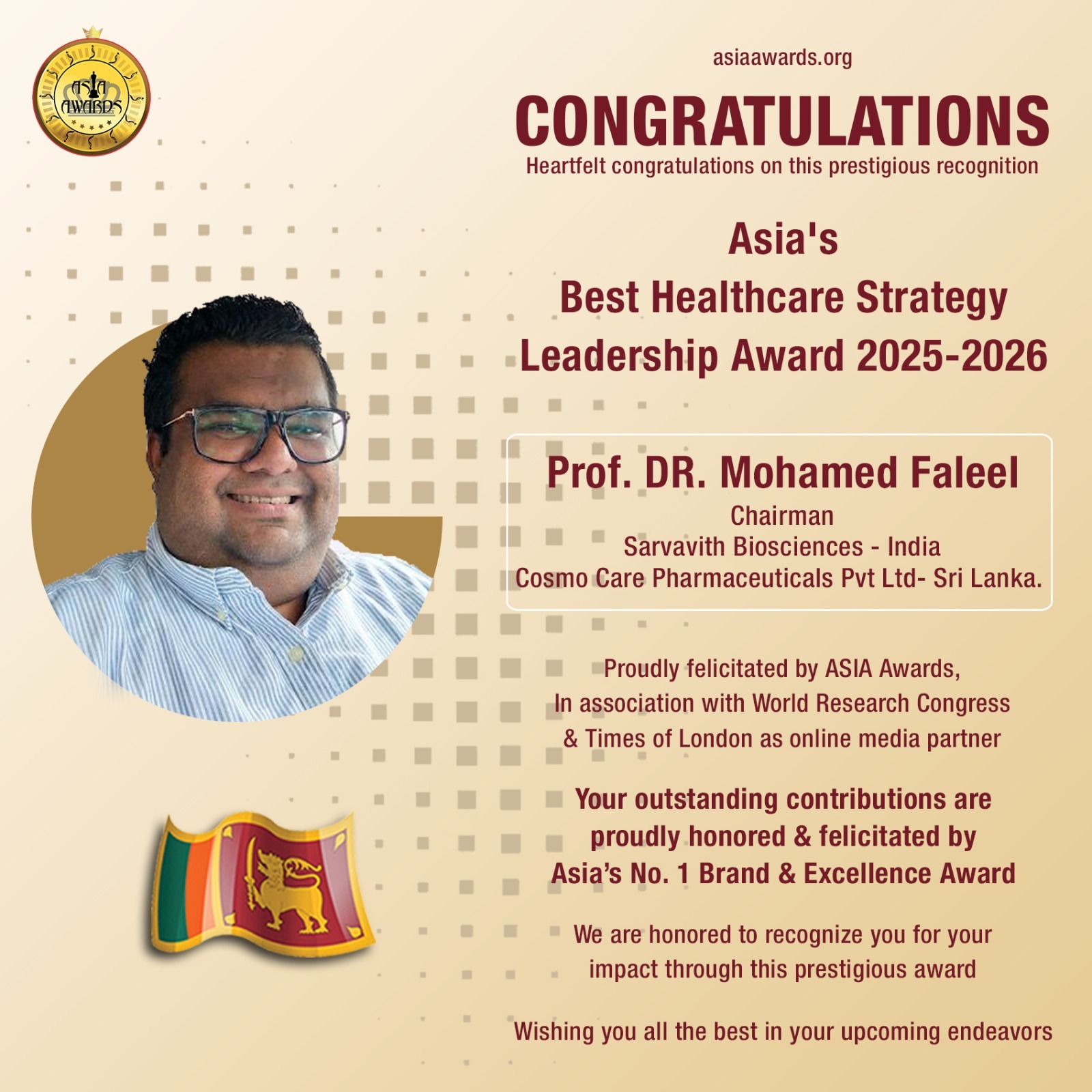Prof DR Mohamed Faleel has bagged Asias Best Healthcare Strategy Leadership Award