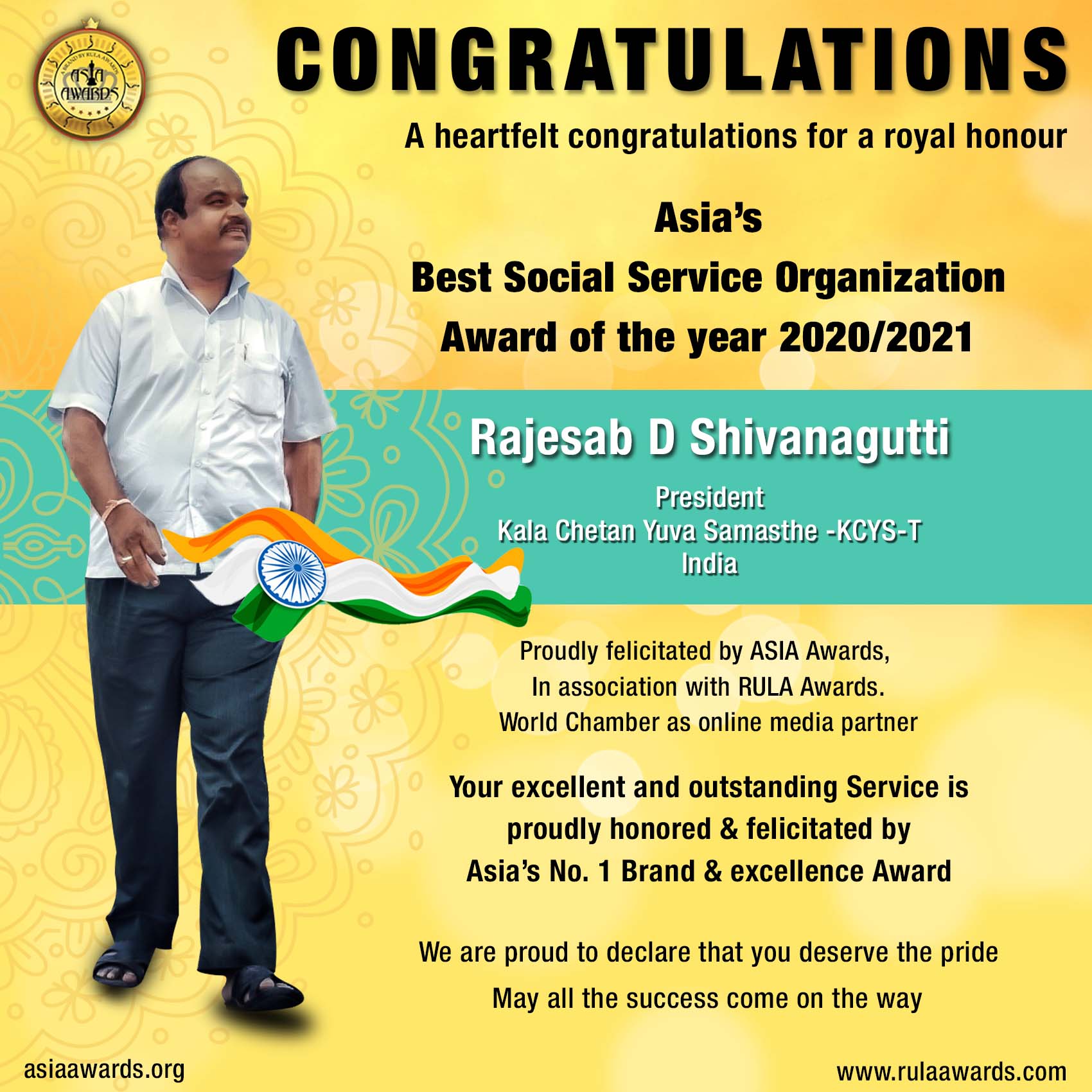 Kala Chetan Yuva Samsthe has bagged Asia's Best Social Service Organization Award