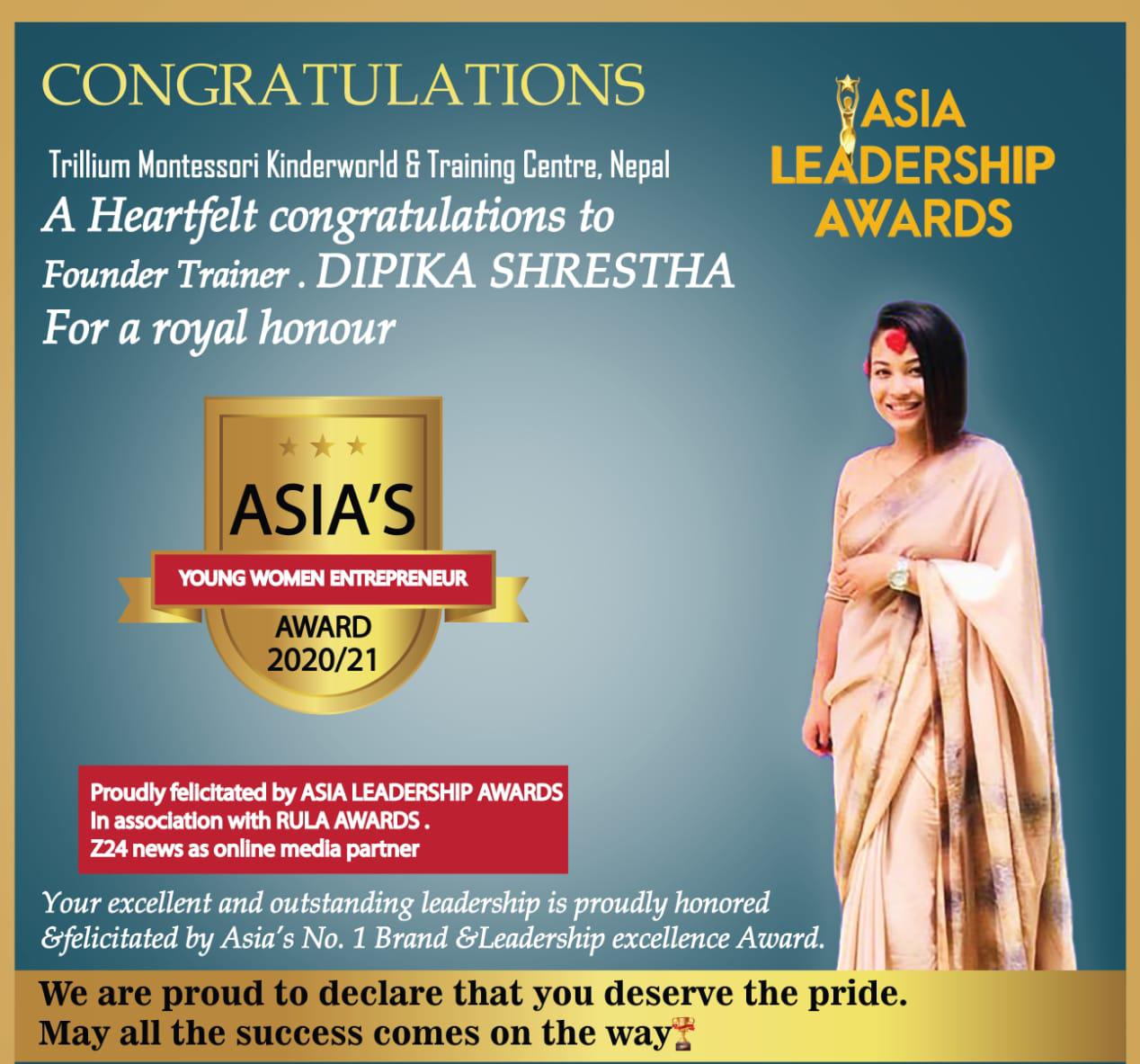 Dipika Shrestha has bagged Asia's Young Women Entrepreneur Award