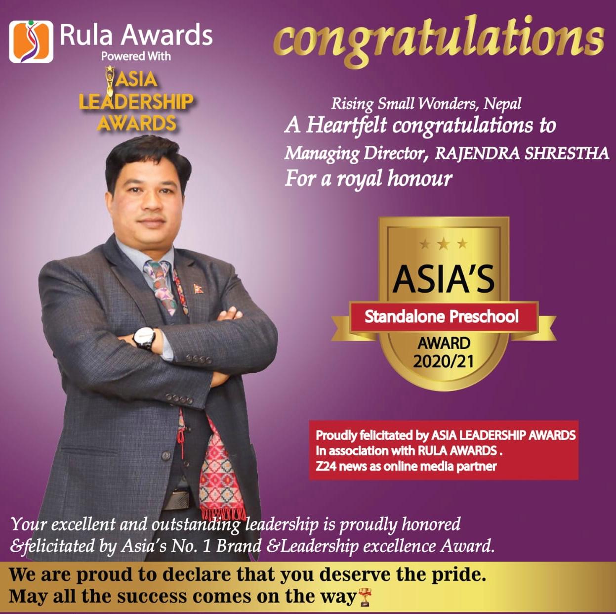 Rajendra Shrestha has bagged Asia's Stand alone Preschool Award