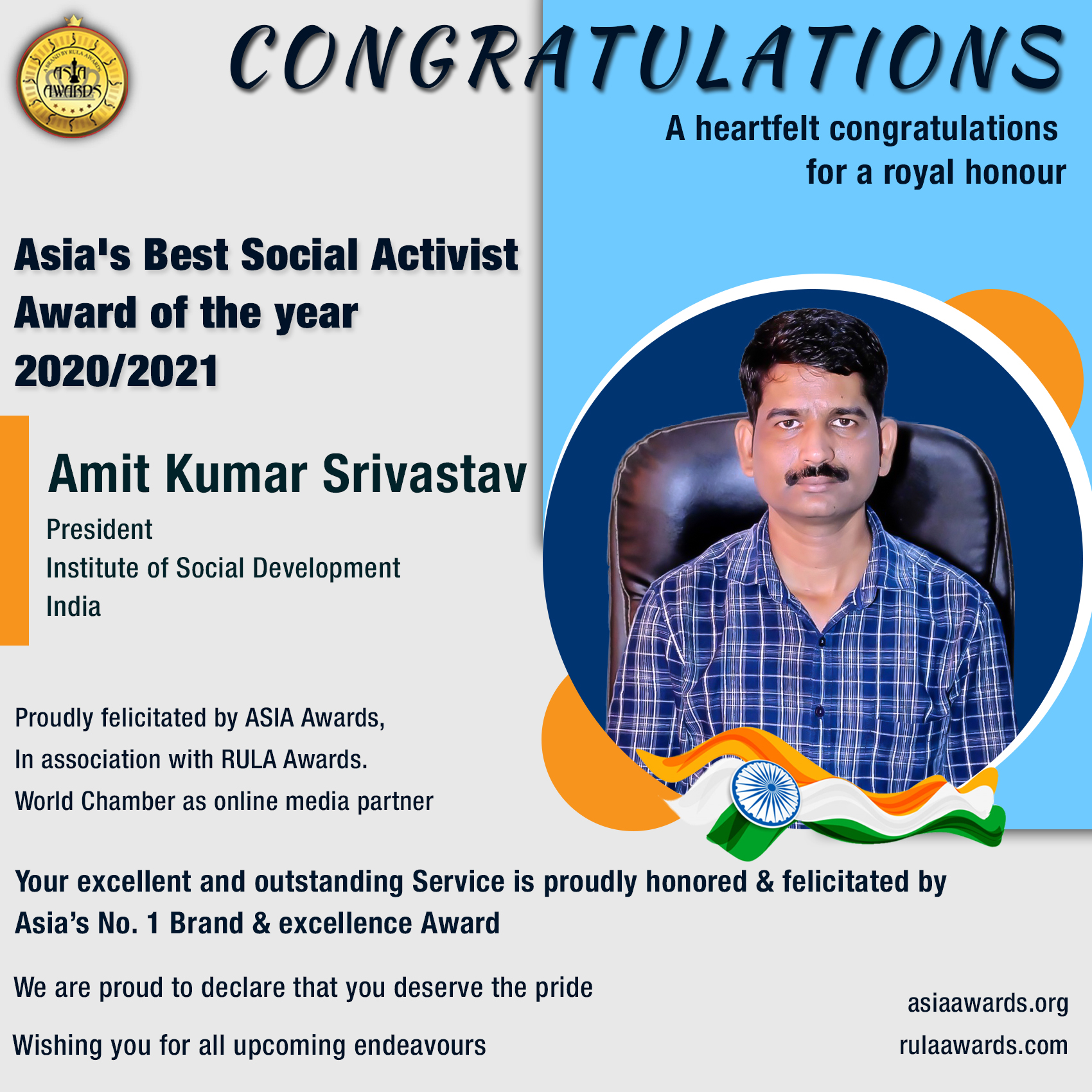Amit Kumar Srivastav has bagged Asia's Best Social Activist Award of the Year