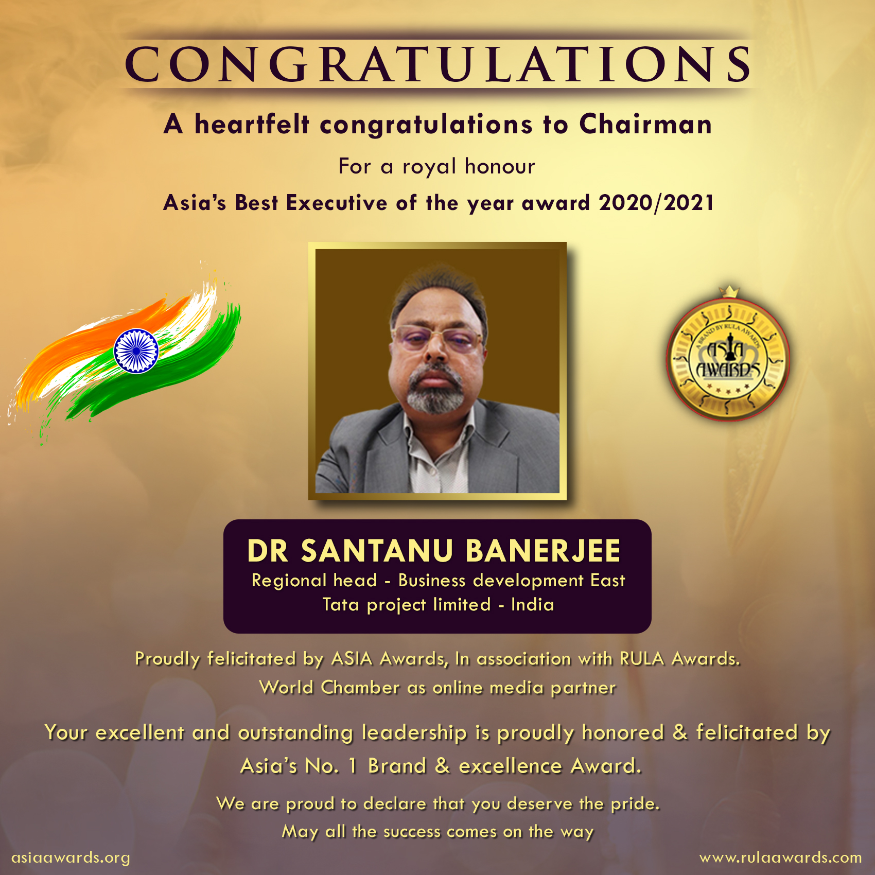 Dr Santanu banerjee has bagged Asia's Best Executive Award of the year