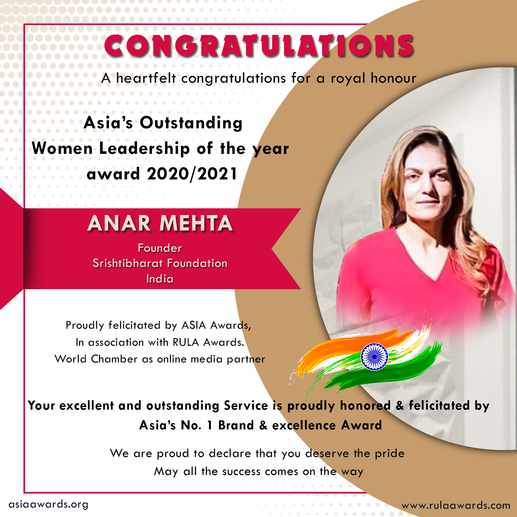 Anar Mehta has bagged Asia's Outstanding Women Leadership Award
