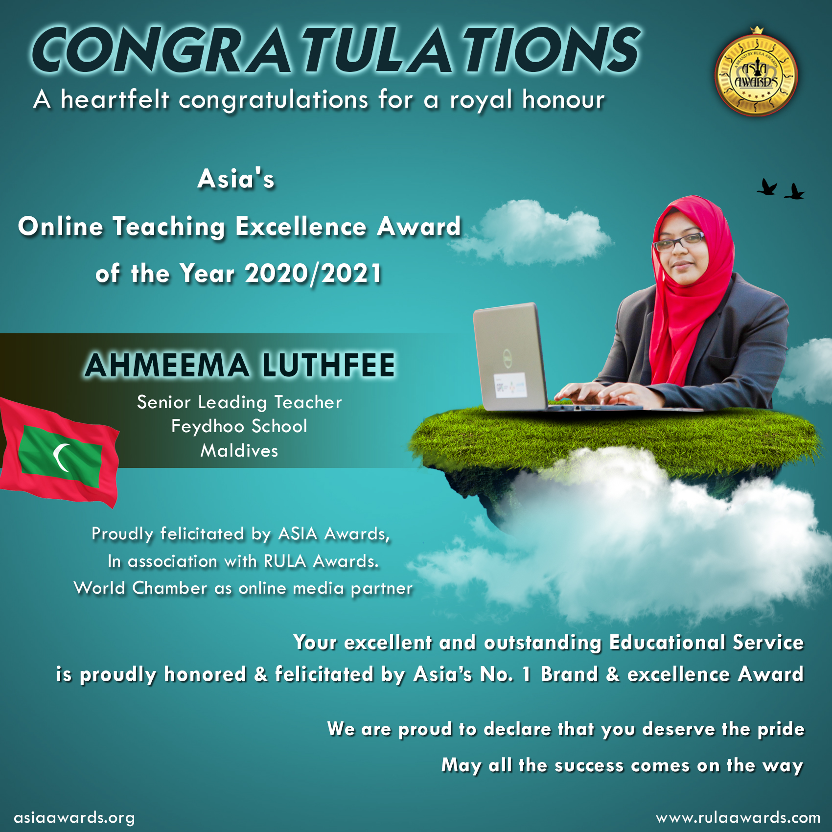 Ahmeema Luthfee has bagged Asia's Online Teaching Excellence Award