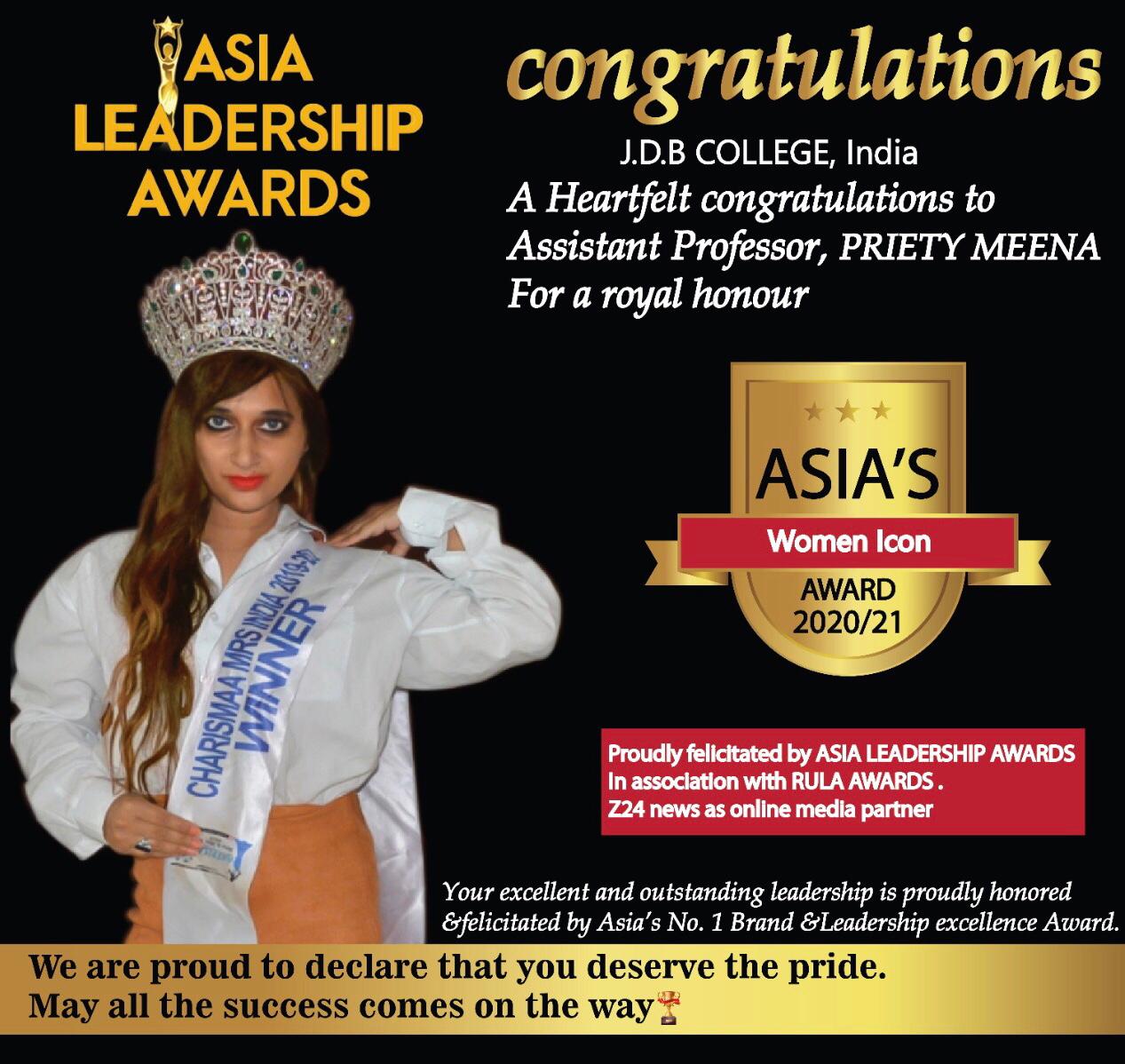 Priety Meena has bagged Asia's Women Icon Of the Year