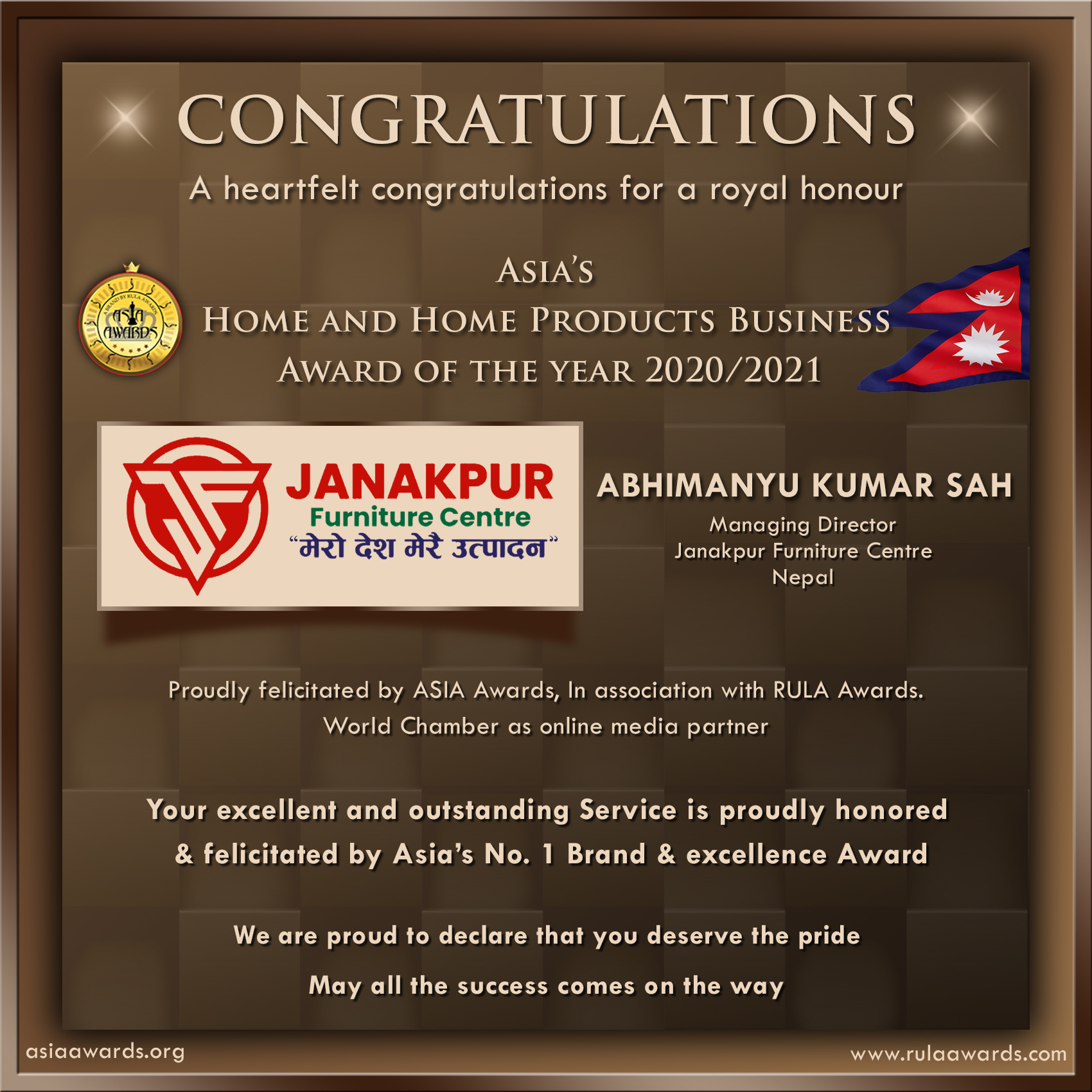 Janakpur Furniture Centre has bagged Asia's Home and home products business of the year Award