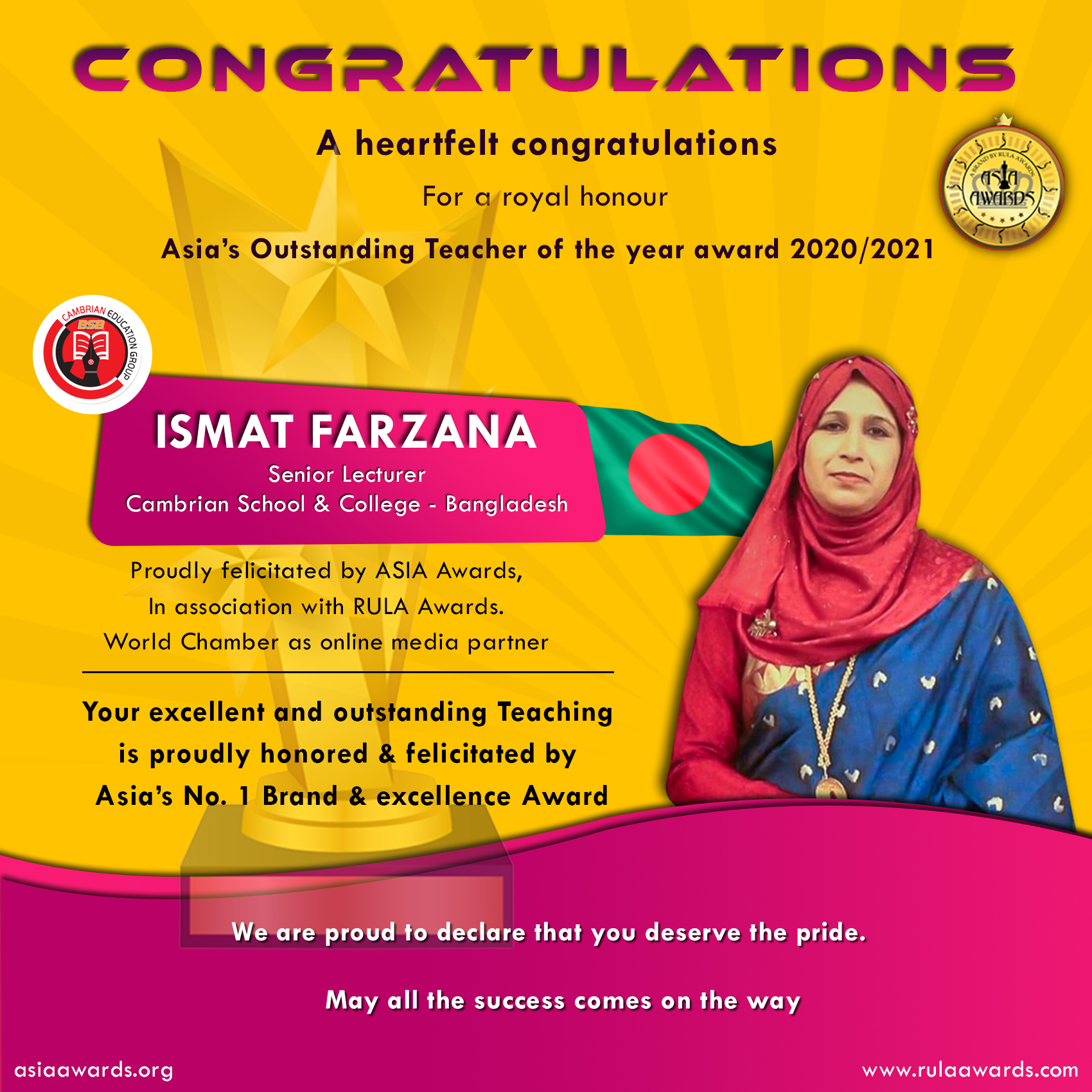 Ismat Farzana has bagged Asia's Outstanding Teacher Award