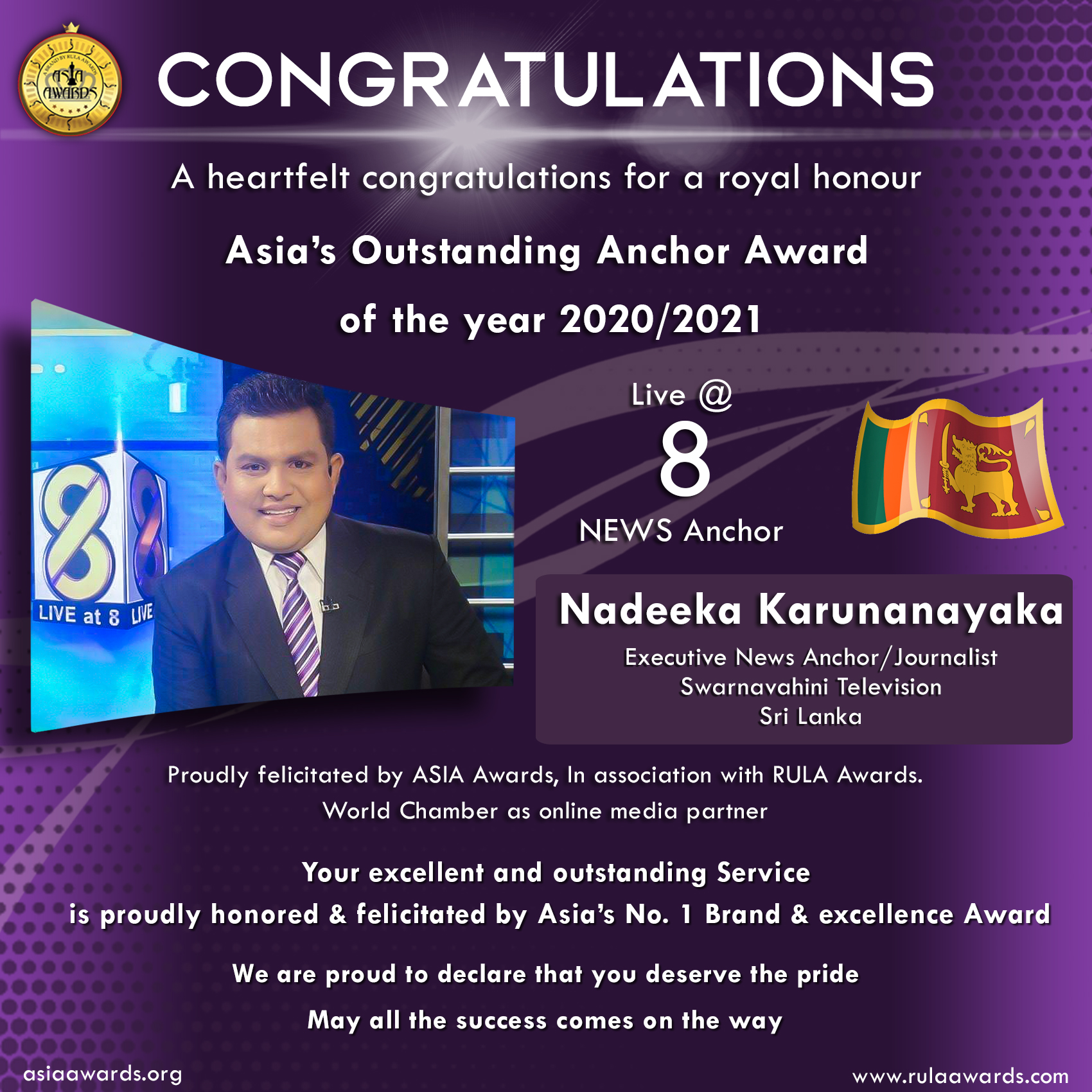 Nadeeka Karunanayaka has bagged Asia's Outstanding Anchor Award