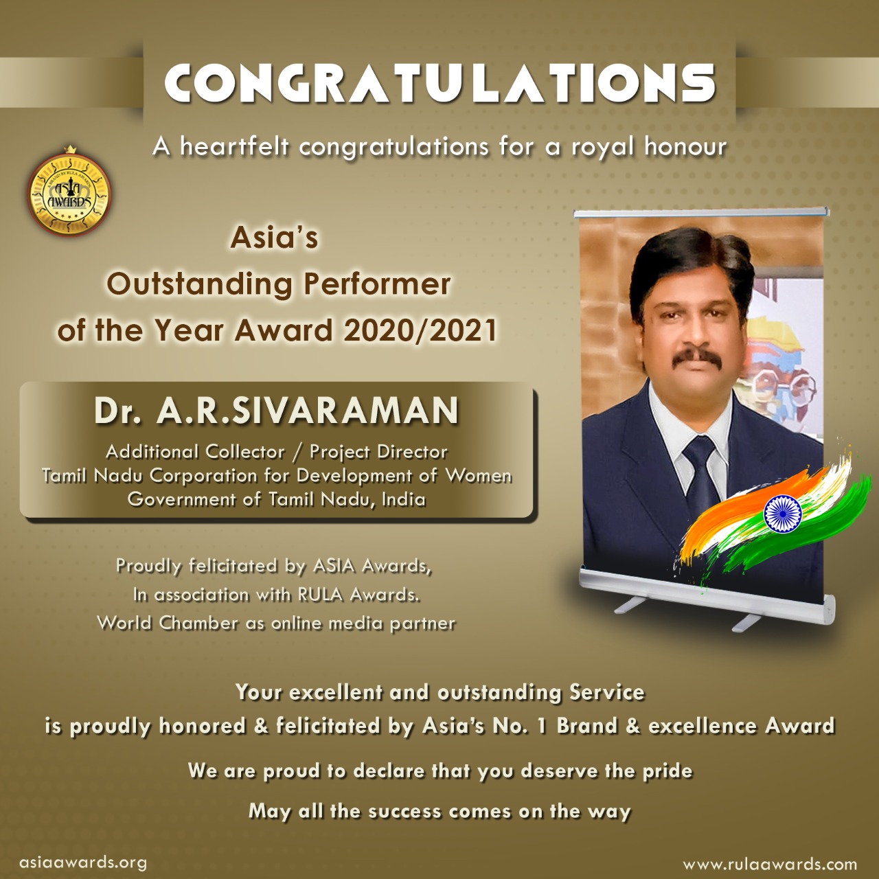 Dr.A.R Sivaraman has bagged Asia’s Outstanding Performer Award