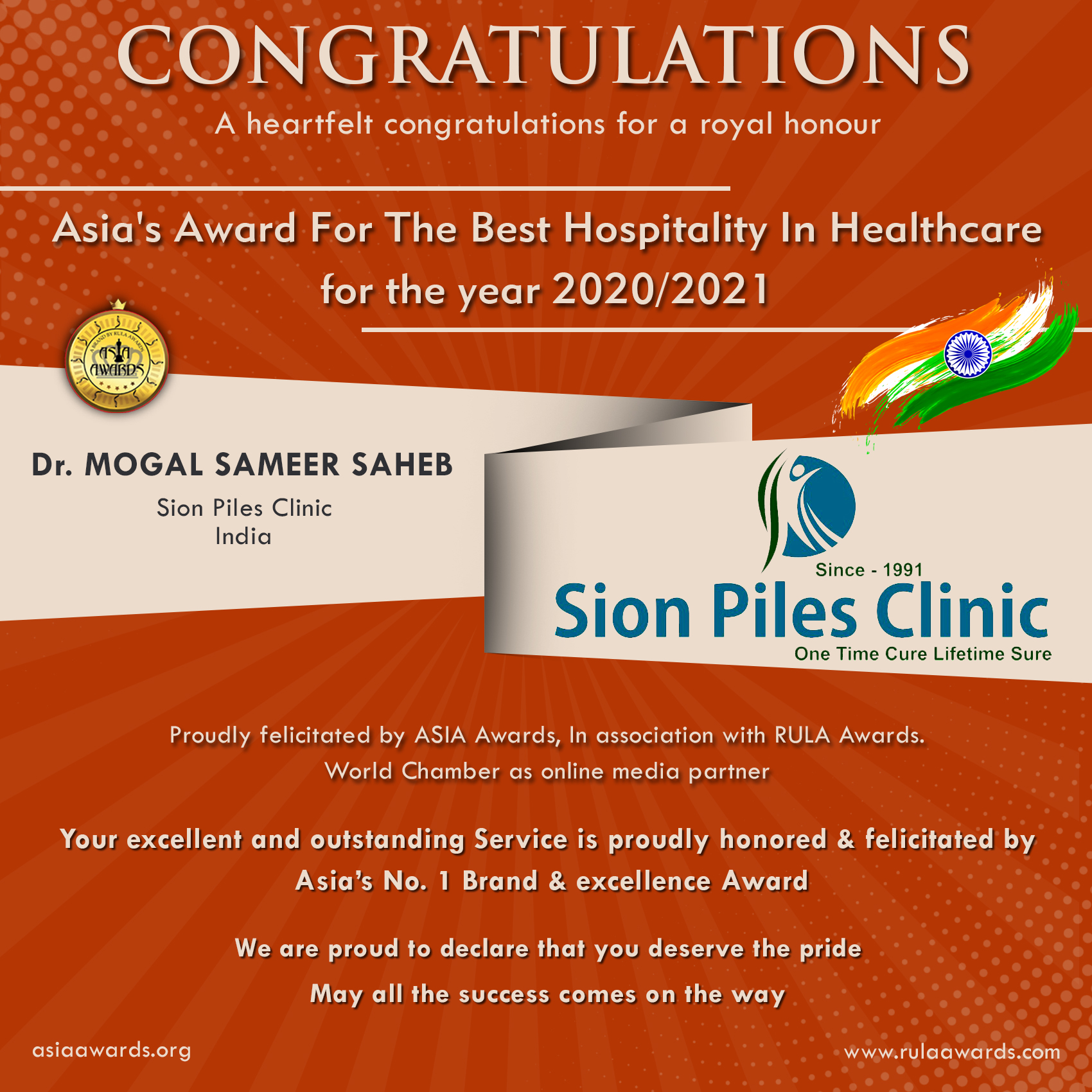 Sion Piles Clinic has bagged Asia's Award For the Best Hospitality In Healthcare